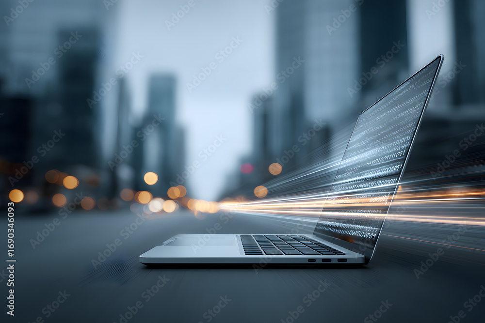 Aufkleber laptop computer with digital data flowing out of scren and speed line around i on blue blurred city 