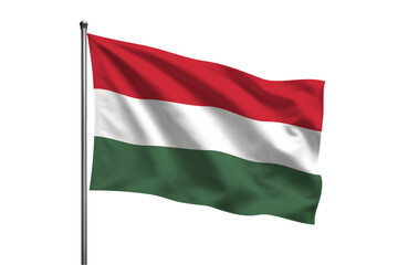 A hungarian flag waving in the wind against a black background on a silver flagpole outdoors