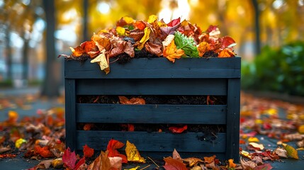 Autumn bounty Colorful fall leaves overflowing wooden bin in park.
