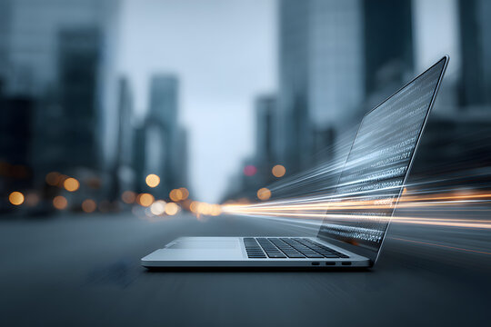 laptop computer with digital data flowing out of scren and speed line around i on blue blurred city stret background, cyber securiy system, business, networ connection and technologyconcept