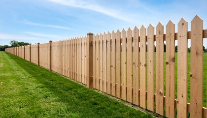 Fototapeta premium Wooden picket fence stretches across a grassy field under a partly cloudy sky