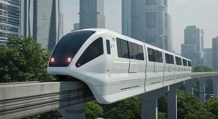 Naklejka premium Modern monorail train traveling through the city with skyscrapers in background