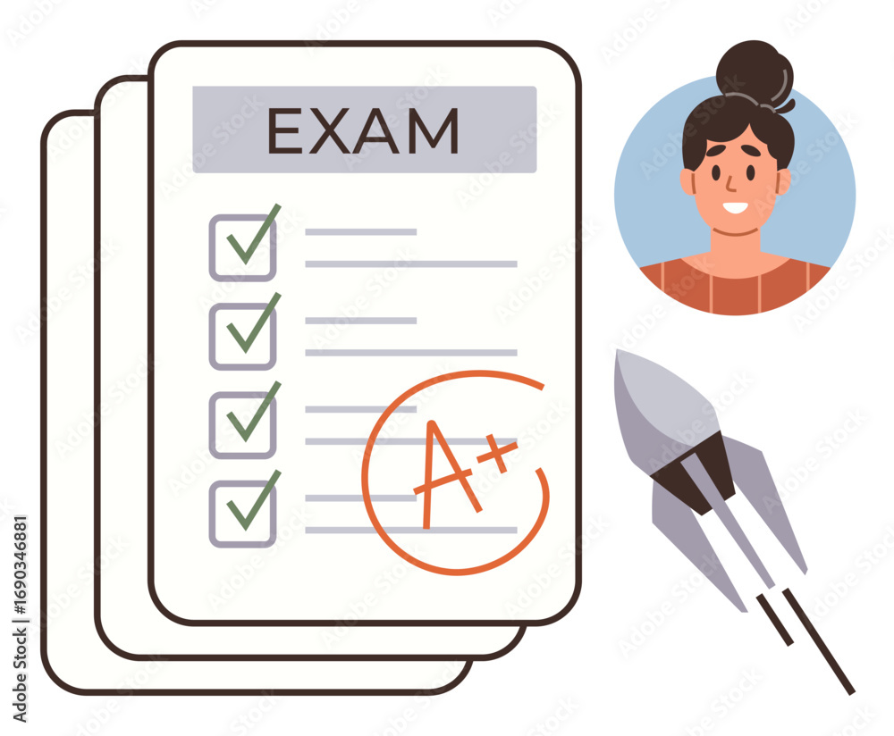 Poster exam papers with a grade and checkmarks, smiling student portrait, and rocket symbol for progress. i