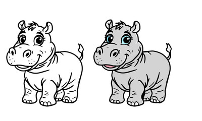 Funny hippo with cute eyes, simple black and white and color sketch. Vector illustration. A coloring book concept for children, the drawing is isolated on a white background.