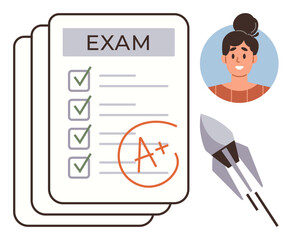 Exam papers with A grade and checkmarks, smiling student portrait, and rocket symbol for progress. Ideal for education, learning, academic success, achievement, motivation, personal growth career