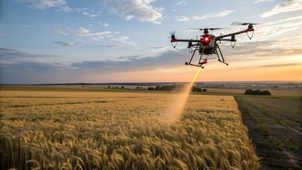 A drone spraying a field of crops at sunset, showcasing modern agricultural technology and precision farming techniques