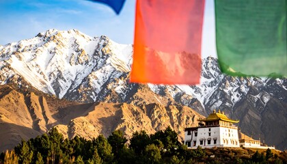 Snowy mountain range with prayer flags and temple