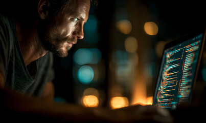Focused coder typing on laptop with programming codeoverlay, in a high tech ofice environment, concept o software development and ybersecurity