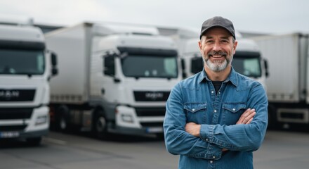 Smiling Truck Driver Standing with Arms Crossed in Front of Trucks &ndash; Logistics, Transport and Professional Occupation 