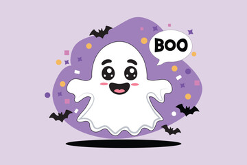 Funny Wavy Ghost with Boo Text Halloween Vector Illustration.