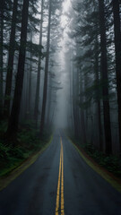 Fototapeta premium Moody forest road with misty atmosphere, journey through nature's quiet beauty and peaceful escape