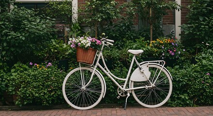 Fototapeta premium White Bicycle by Lush Green Hedge.