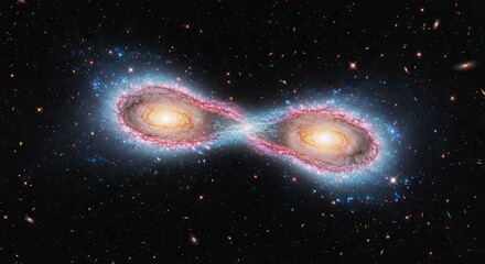 A spectacular cosmic collision shows two spiral galaxies interacting in a celestial dance, a breathtaking astronomical phenomenon of a galactic merger in deep space
