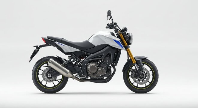 Stylish white yamaha mt09 motorcycle isolated on white background, showcasing its design
