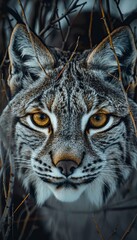 Fototapeta premium Lynx stealthily emerging from snow covered underbrush in a winter wonderland scene