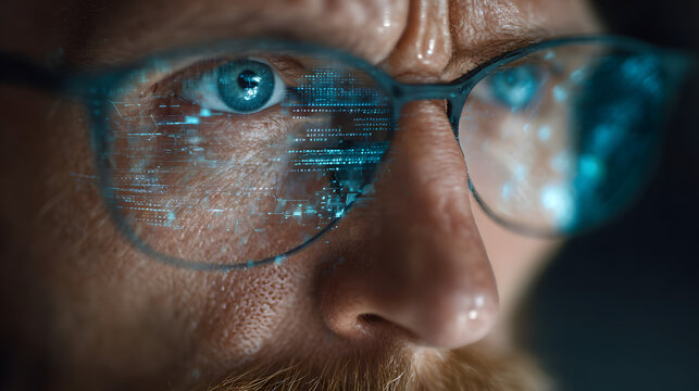 eyes of focused male IT specialist analyzing complexdata streams, surrounded b augmented reality hologras and artificial intelligece visualizations, symboliing advanced techno