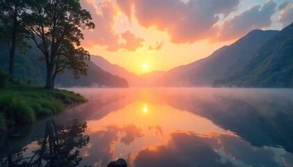 Serene sunrise over a tranquil lake, mist clinging to the water's edge, reflecting the spiritual energy of nature Perfect for meditation, mindfulness, and wellness themes , serene, harmony