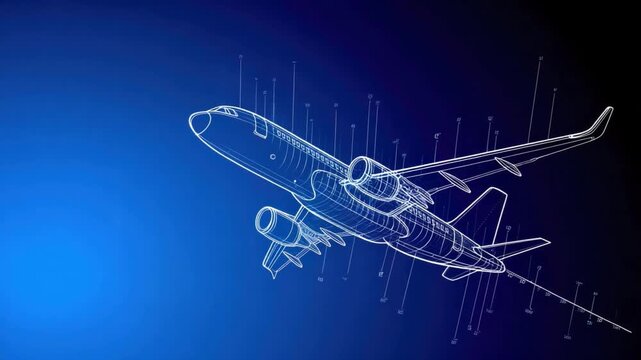 Detailed Blueprint of an Airplane with Technical Measurements on a Vibrant Blue Background