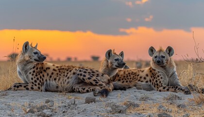 Obraz premium A hyena pack roams under the enchanting twilight sky, embracing the dusk s mystique