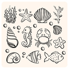 Black and White Ocean Life Doodle Set