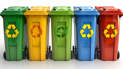 Colorful recycling bins lined up for waste sorting