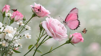 Closeup of delicate pink roses with vibrant butterflies fluttering around them in a soft, dreamy...