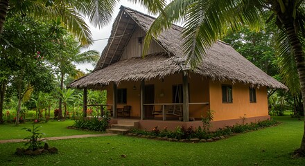 Tropical Bungalow Surrounded by Lush Greenery.