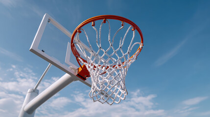 Basketball hoop with net against clear blue sky, capturing dramatic moment of scoring. vibrant colors and dynamic angle enhance excitement
