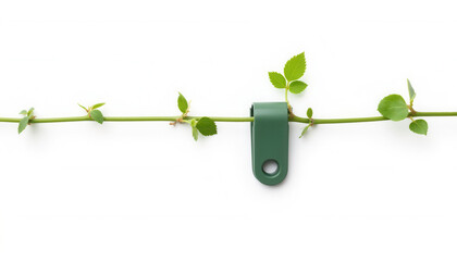 Green vine secured with clip on a white background  