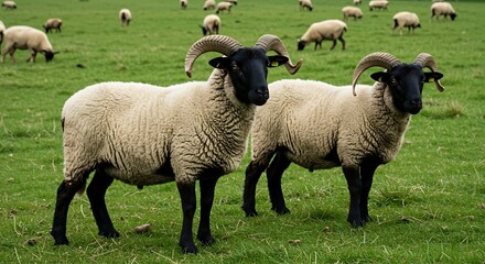 Two Black-Headed Sheep in a Field.