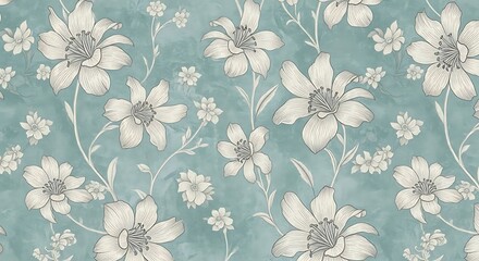 Turquoise background with a repeating pattern of white floral blooms
