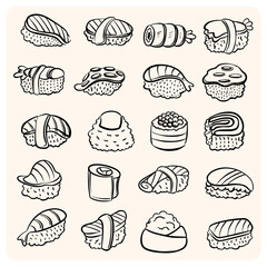 Sushi and Japanese Food Doodle with background cream