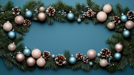 Festive evergreen border with bauble pinecone berry frosted detail teal gold winter holiday frame copy space