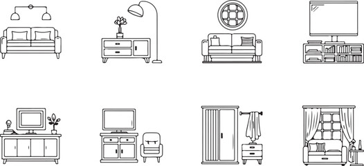 Living room furniture and decor icons with sofas, lamps, TV, and cabinets couch