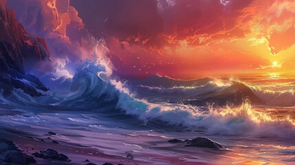 Naklejka premium Dramatic ocean waves crashing on the shore at sunset with colorful skies