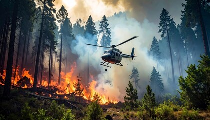 Fototapeta premium 激しい山火事に包まれた密林とヘリコプター