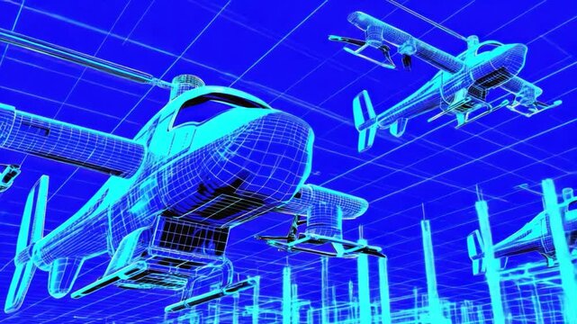 Futuristic Blueprint Design of Multiple Aircraft with Digital Grid Background in Neon Blue Color Scheme