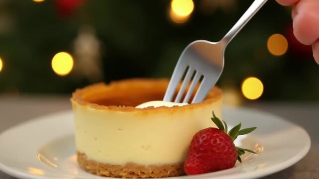 Vanilla tart Against the background of the Christmas tree Eating Bite Sweet Dessert. Caramelized Creamy Pastry Dessert Confectionery. Eat Vanilla Mousse Cake. Delicious Mousse Pastry Dessert In Cafe