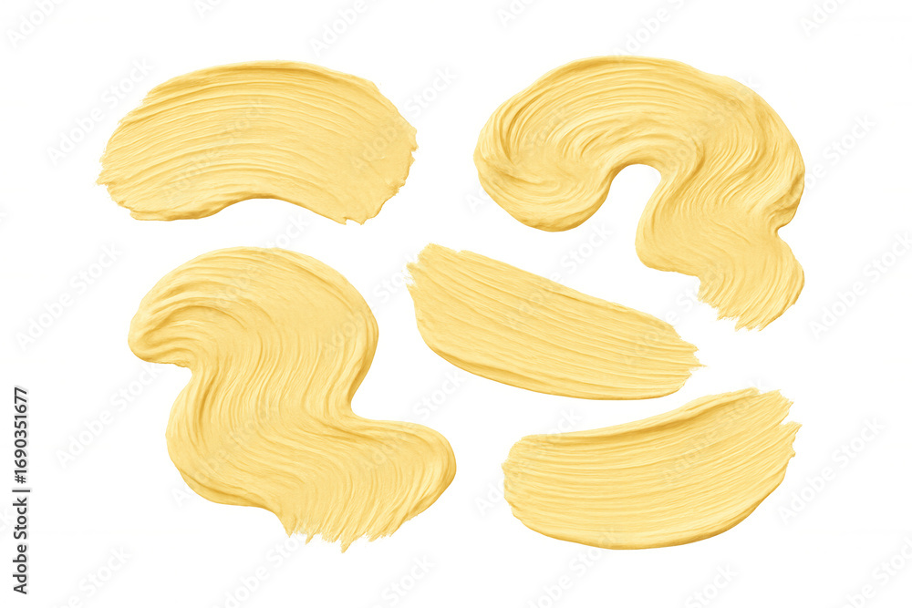Poster yellow paint brush strokes creating dynamic geometric shapes, floating on transparent background, en