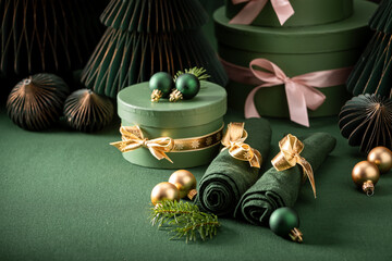 Modern bottle green table set for Christmas with Christmas decorations.