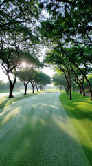Serene golf course fairway surrounded by lush green trees, illuminated by early morning sunlight, creates peaceful atmosphere