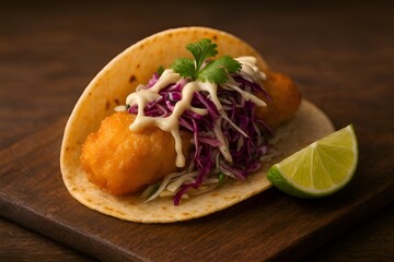 Creative Styled Fish Taco with Crispy Battered Fillet, Shredded Cabbage, Creamy Sauce, Fresh Cilantro, and Lime Wedge on Rustic Wooden Surface, Perfect for Seafood Branding and Restaurant Menus