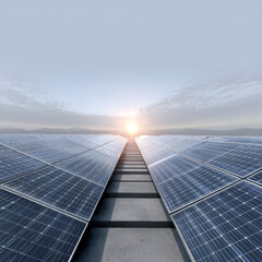 Serene solar panel landscape captures sun rising over vast array of solar panels, symbolizing renewable energy and sustainability