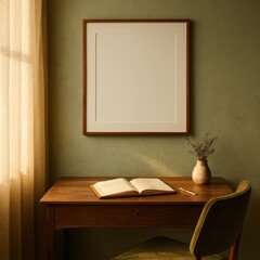 Mockup poster frame in a serene minimalist home office setting with wooden desk, green upholstered chair, open notebook, pencil, ceramic vase of dried flowers and muted green wall background