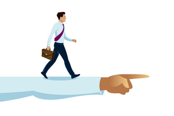 Business man going ahead to his goal with shown direction, vector illustration of a young man business dressed walking straight towards to his aim with hint, career concept.