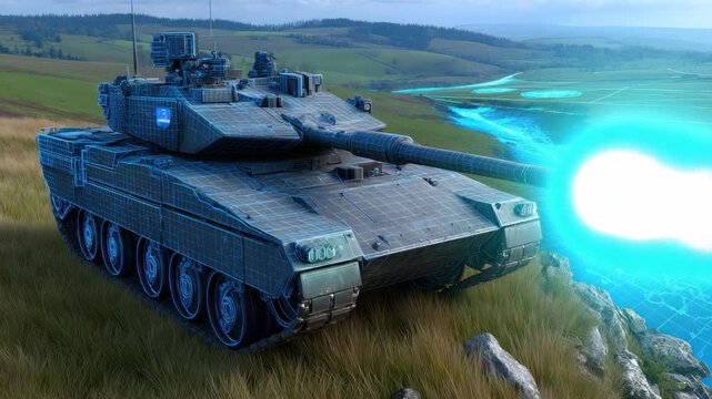 Advanced Military Tank on a Mountainous Landscape with Futuristic Digital Elements and Green Fields