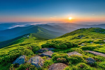 A vibrant sunset illuminates a rolling mountain landscape, showcasing lush green meadows dotted with wildflowers and rocky outcrops, evoking a sense of peaceful serenity and natural beauty.