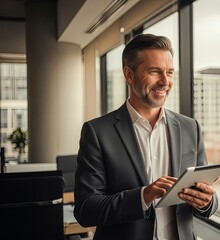 Happy middle aged business man ceo wearing suit standing in office using digital tablet. Smiling mature businessman professional executive manager looking away working on tech device. Authentic shot