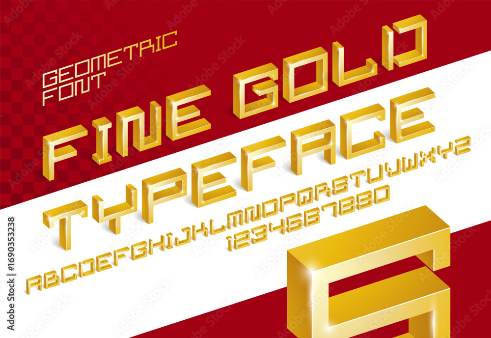 Aufkleber golden 3d font vector design, gold alphabet letters and numbers in dimensional cubic style, shiny el
