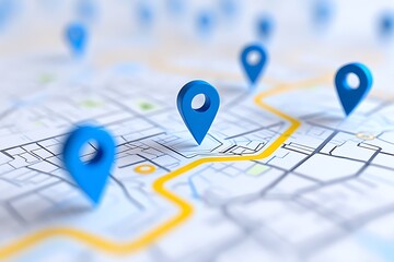Modern city map illustration with blue navigation markers, symbolizing travel, exploration, cartography, and GPS technology. Represents urban routing, destination planning, transport strategy.